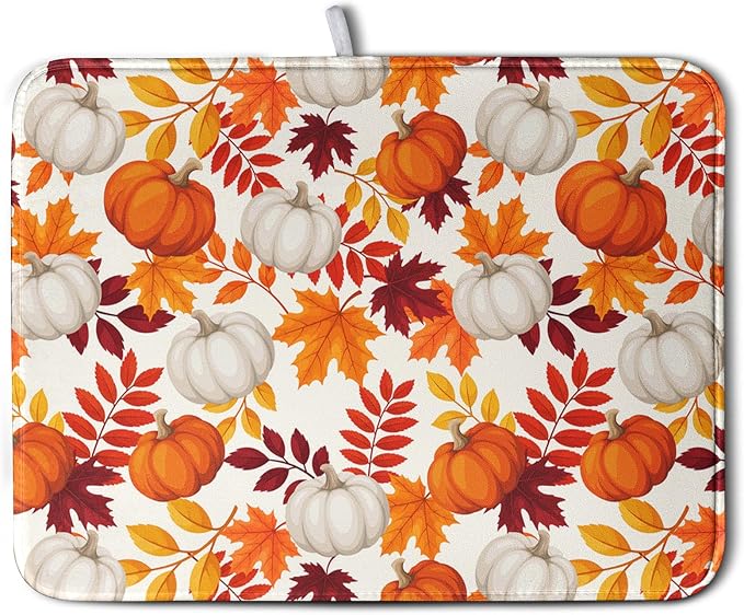 Fall Dish Drying Mat for Kitchen Counter Autumn Orange White Pumpkin Maple by Kwlegh