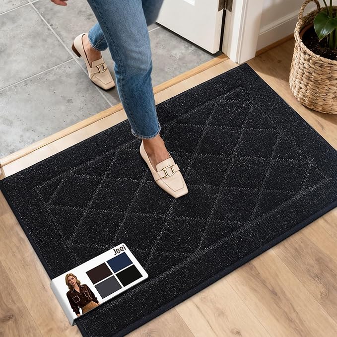 JSEI Dirt Trapper Door Mat 20"x32", Non-Slip Washable Entryway Mats, Dog Door Mat, Stain Resistant and Absorbent Floor Mats, Low Profile Welcome Mat for Front Back Door, Black