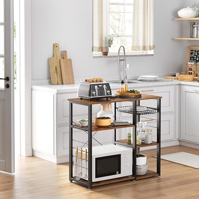 VASAGLE Baker's Rack, Coffee Bar Stand with Charging Station, 33 Inches Tall, Storage Shelves, Pull-Out Wire Basket, Table for Microwave, Kitchen, Rustic Brown and Ink Black UKKS90X