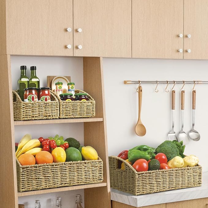 Pantry Baskets Organization, Wicker Storage Basket Green - Image 2