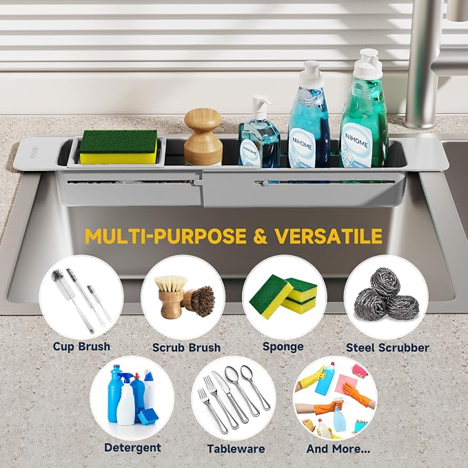 NiHome Extendable Kitchen Sink Caddy Extra Long Brush Sponge Storage Holder - Image 7