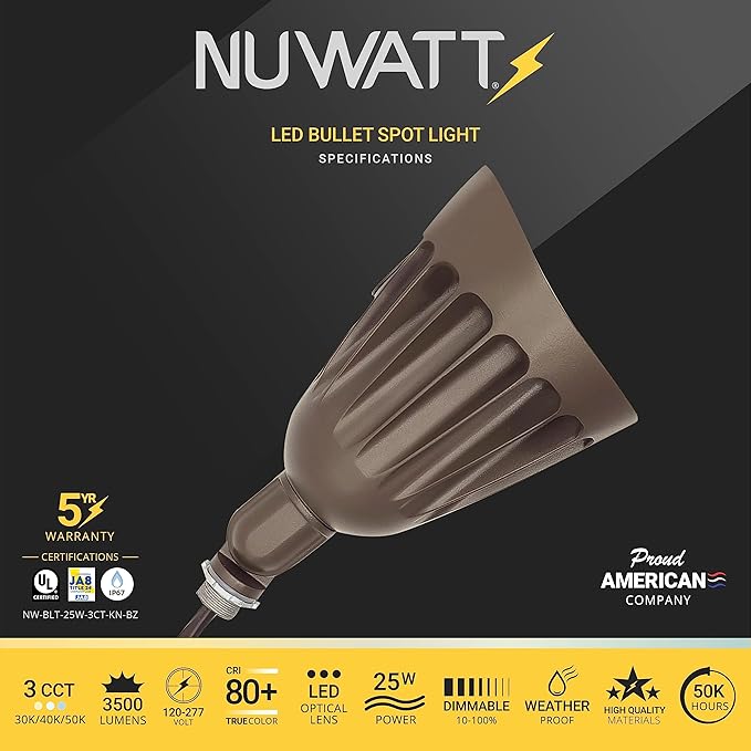 NUWATT 25W Bullet Spot Lights Outdoor LED Landscape Light, 3500 LM Bright Outdoor Lighting for Yard, 30K/40K/50K Selectable, 1/2" Knuckle Mount, 120-277V Waterproof Flag Pole Lights (6-Pack)