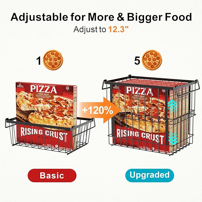 iSPECLE Freezer Organizer Bins - 2 Pack Large Adjustable Deep Freezer Organizer Bins for 5 to 7 Cu.Ft Chest Freezer, Stackable No Wasted Space, Easily Access Pizza (≤12“) without Digging, Black