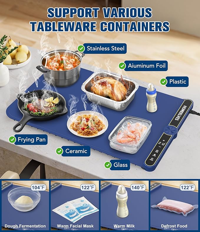 Food Warming Mat, Rapid Heating Electric Warming Tray with 9 Temp Setting and 6 Hours Timer,Foldable Warming Trays for Food, Portable Food Warmers for Parties Buffet, Blue