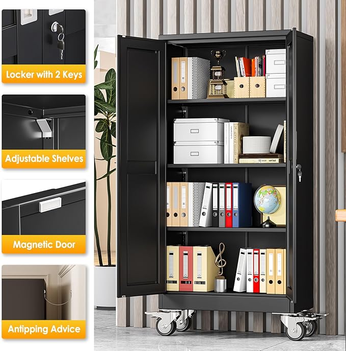 61''H Metal Garage Storage Cabinet with Wheels,Steel File Cabinets with 2 Doors and 3 Adjustable Shelves for Home Office, Warehouse, Required Assembly,Black