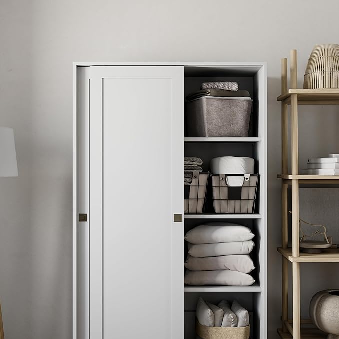 Prepac Elite Plus 38" Wide Storage Cabinet, 65" Tall Pantry Cupboard with 2 Fixed and 4 Adjustable Shelves, Laundry Room Cupboard with Sliding Doors and Metal Knobs, Living Room Accent Cabinet, White