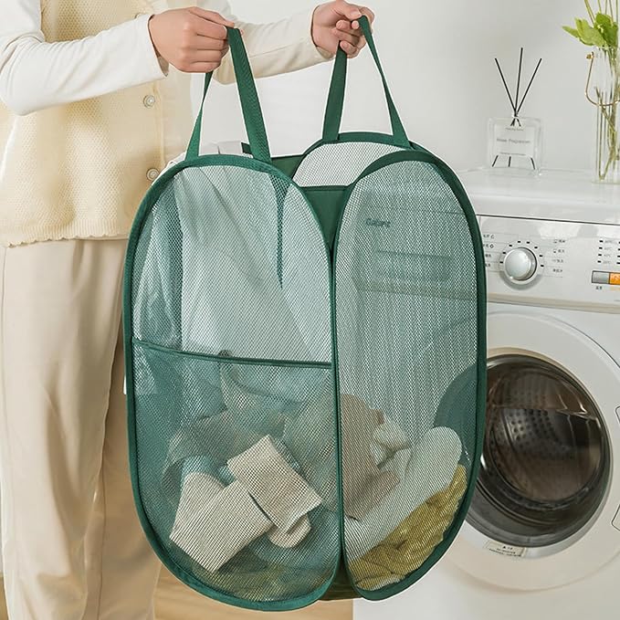 Pop Up Laundry Hamper Thick Mesh Collapsible Laundry Baskets, Large Side Pocket - Image 3