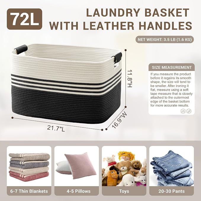 72L Large Woven Laundry Basket Hamper - Image 2