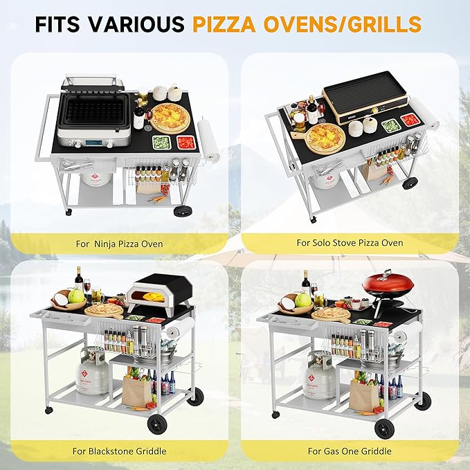 JY QAQA Outdoor Pizza Oven Stand with Condiment Shelf, Outdoor Cooking Cart, Grill Worktable for Patio, Food Prep Station Fits Ninja Woodfire Grill, Cuisinart Grill, Blackstone Griddle