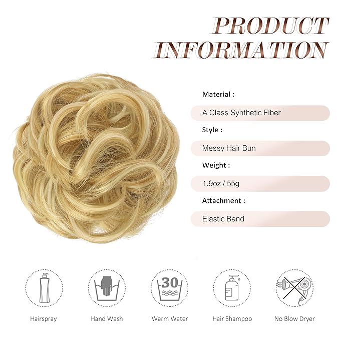 FESHFEN Messy Bun Hair Pieces - Large Wavy Curly Elastic Hair Bun Scrunchies Ponytail Extensions Synthetic Chignon Hairpieces for Women, Strawberry Blonde & Bleach Blonde 1.94oz