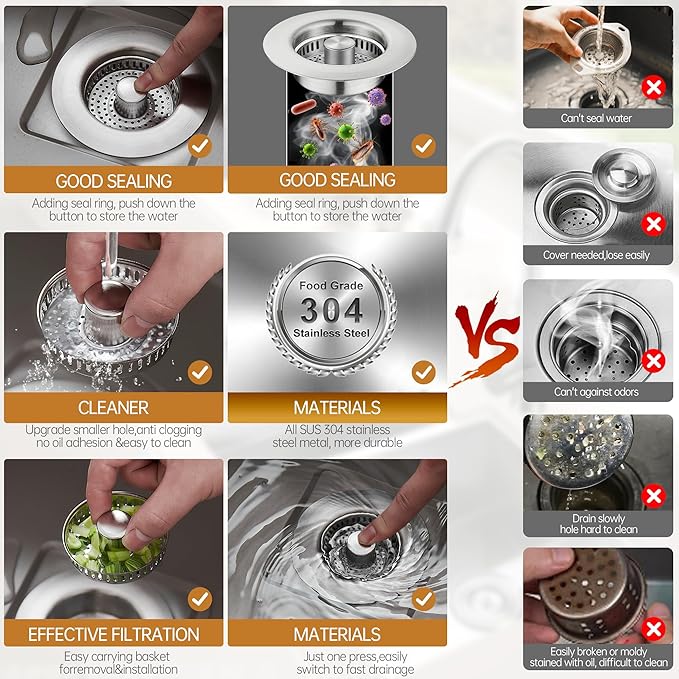 YYKBZ 3 in 1 Kitchen Sink Drain Strainer， Stainless Steel Pop Up Sink Stopper， Plug for Sink Drain Strainer with Anti-Clogging Basket for Us Standard 3-1/2"Drain Easy to Install （1pcs）