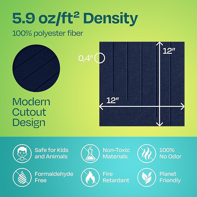 Acoustic Panels 12-Pack Soundproof Wall Panels 12"x12"x0.4" Decorative Sound Dampening for Your Home, Office, Studio, Bedroom & More with Unique LineWave Carving [Denim Blue]