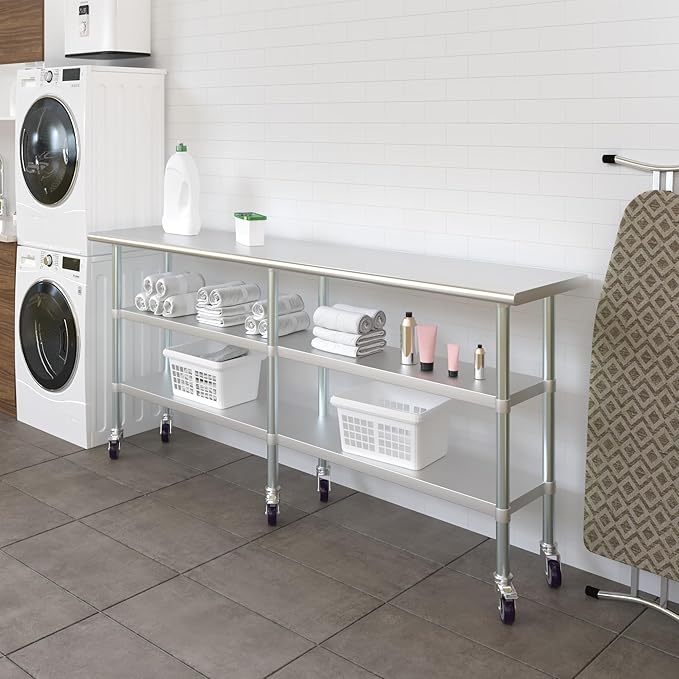 AmGood Stainless Steel Work Table with 2 Shelves and Casters | Metal Utility Table On Wheels (Stainless Steel Work Table with 2 Shelves + Casters, 84" Long x 18" Deep)