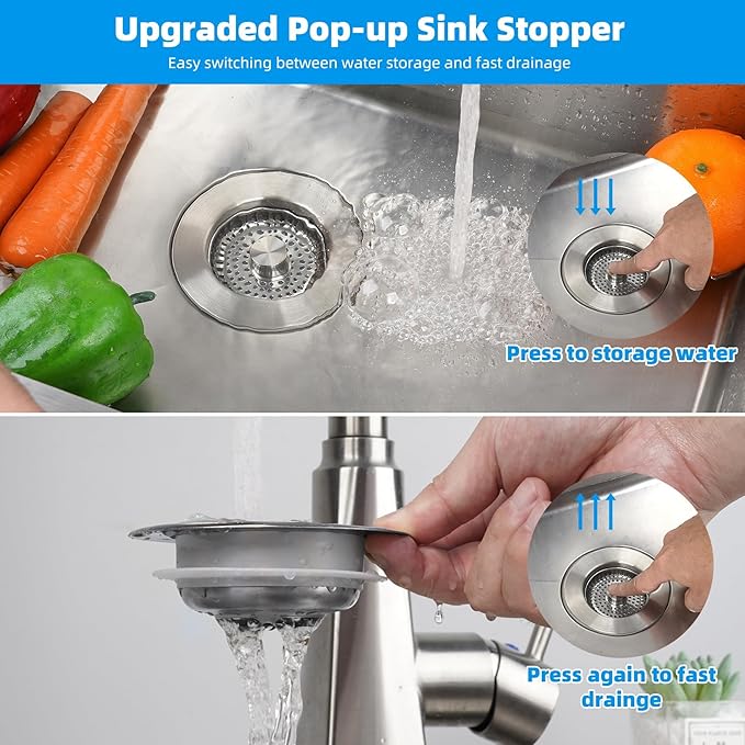 Kitchen Sink Drain Stopper with Removable Basket, Pop-Up Sink Plug for Standard Kitchen Drains, Stainless Steel Drain Cover with Anti-Debris Design