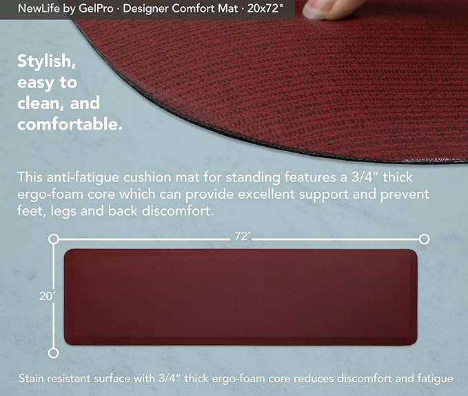 GelPro Designer Comfort Ergo-Foam Cushioned Anti-Fatigue Standing Kitchen Floor Mat, Padded Stain-Resistant, Waterproof, Non-Slip Comfort Padded Desk/Office Mat - 20" x 72", Grasscloth Crimson