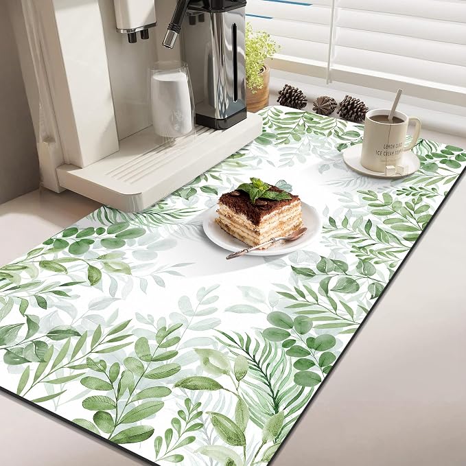 LOKHOM 17"x32" Dish Drying Mat， Green Plant Coffee Mat | Floral Butterfly Prints - Image 4