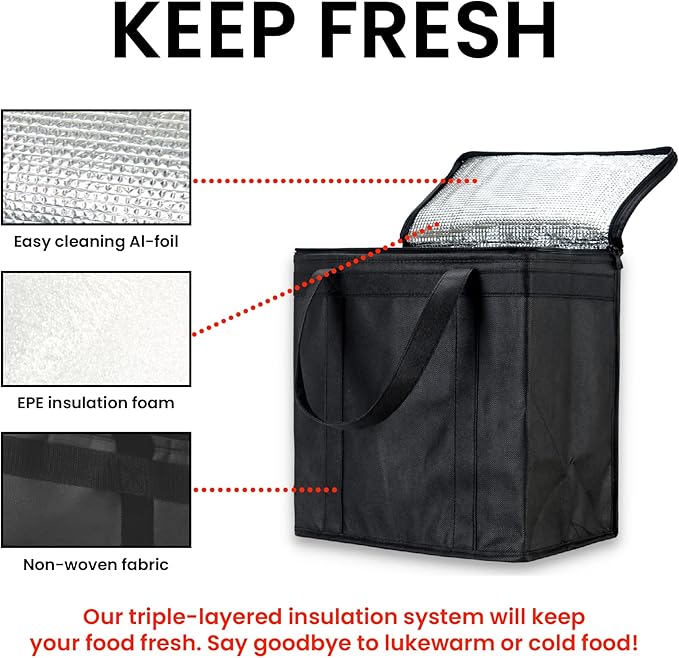 NZ home Insulated Bags for Food Delivery (Medium) Grocery Shopping Cooler Bag, Pizza Delivery, Hot & Cold Catering Tote, Reusable, Foldable & Heavy Duty (Black)