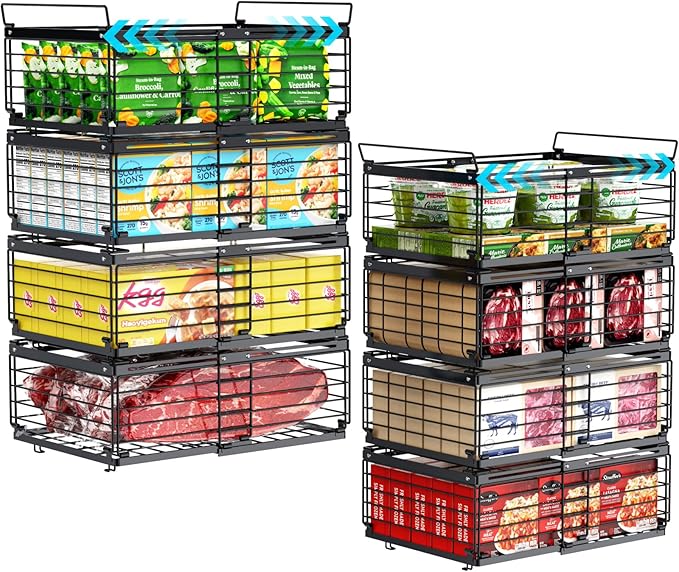 iSPECLE 8 Pack Freezer Organizer Bins, Adjustable Wire Baskets for 10 to 20 Cu.Ft Chest Freezer, Stackable Storage with Handles, Deep Freeze Organizer for Meat & Vegetables, Black