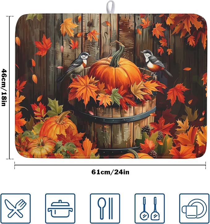 Fall Pumpkin Dish Drying Mat for Kitchen Counter 18x24 Inch Autumn Maple Leaves - Image 2