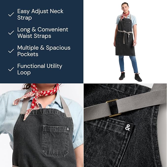hedley & bennett Essential Apron - Heavy-Duty Denim Kitchen Apron with Pockets & Towel Loop - Professional Chef Workwear for Cooking & Grilling - Oyster Gray