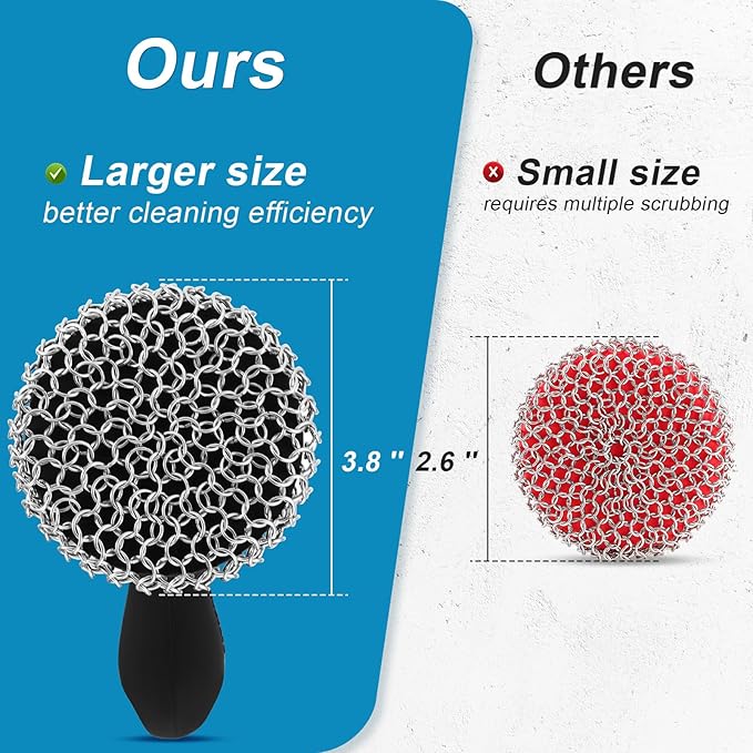 SUBEKYU Cast Iron Scrubber with Silicone Handle, Stainless Steel Chainmail Scrubber for Cast Iron Pans, Black