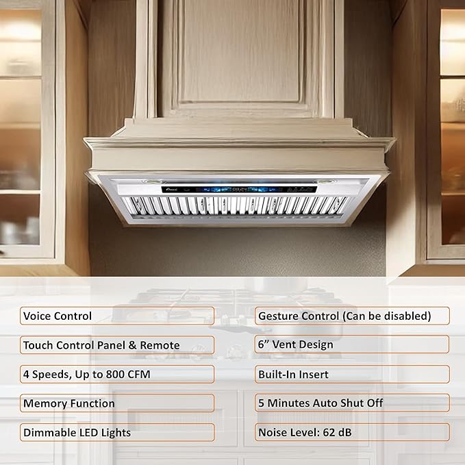 Awoco Range Hood Insert 30 Inch, Built-in Kitchen Hood with 800 CFM, Voice/Gesture/Touch Control, Stainless Steel Stove Hood with 4 Speed Exhaust Fan, Ducted, Ductless Convertible, Charcoal Filter