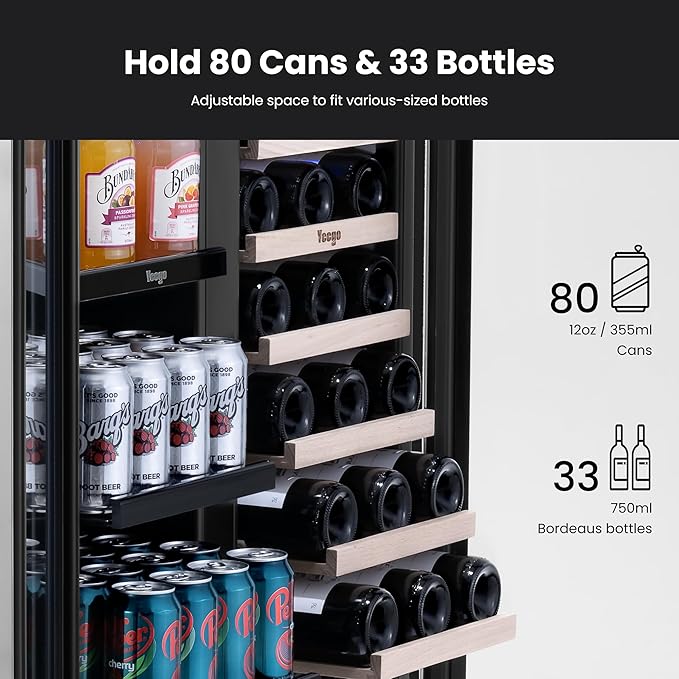 Yeego 24 Inch Wine and Beverage Refrigerator - 80 Cans & 33 Bottles Wine Fridge with Glass Door, 36-72°F Built-In or Freestanding Dual Zone Wine Cooler for Kitchen Bar Office Beer Soda Drink