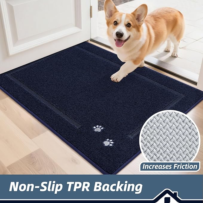BEQHAUSE Dog Door Mat for Muddy Paws 20"x32" Dirt Trapper Absorbent Doormat Non Slip Entryway Rugs Washable Stain Resistant Welcome Floor Mat Soft Low-Profile for Front Back Door, Navy Blue