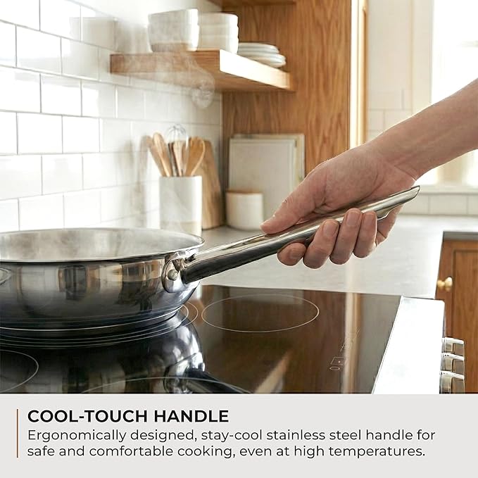 Sunhouse 10 Inch Tri-Ply Stainless Steel Frying Pan, Whole-Clad No Coatings Skillet with Stay-cool Handle for Cooking, Durable & Oven Safe to 500°F, Dishwasher Safe, Compatible with All Cooktops