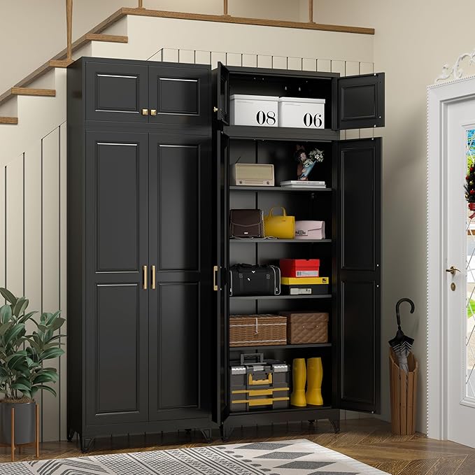 Kitchen Pantry Storage Cabinets, 90" Tall Metal Storage Cabinet with Doors and 4 Shelves, Black Pantry Cabinet, Utility Kitchen Cupboard, Large Steel Cabinets for Dining Room, Office, Living Room