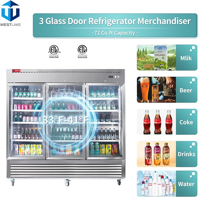 WESTLAKE 82" W Commercial Display 3 Glass Door Refrigerator Merchandiser 3 Section Stainless Steel Reach-in Glass Door Upright Fan Cooling 72 Cu.ft Cooler for Restaurant, Bar, Shop, etc
