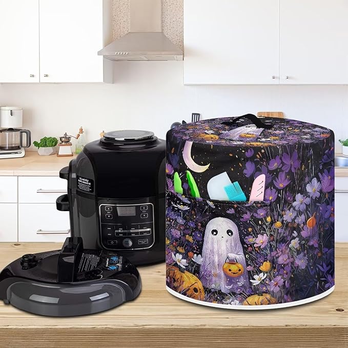 Purple Floral Halloween Ghost Dust Cover for Kitchen Accessories 3 Quart Pressure Cooker Air Fryer Rice Cooker Dust Cover with Top Handle and Storage Pocket