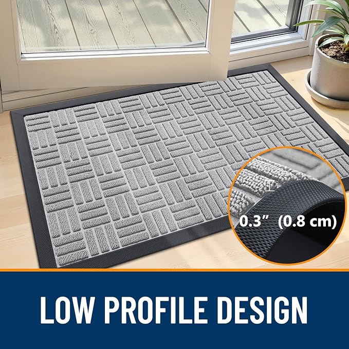 OLANLY Front Door Mat Outside Entrance 33x21, Absorbent, Heavy Duty Sturdy Natural Rubber Doormat Indoor Outdoor, Non-Slip, Stain and Fade Resistant, Low Profile Floor Mat for Entryway, Light Gray