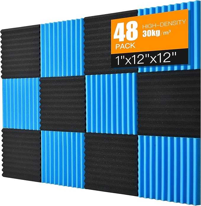Sound Proof Foam Panels for Wall 48 Pack Acoustic Panels Sound Absorbing 1" X 12" X 12" Fire-Proofed Soundproofing Foam High Density Sound Dampening Panels for Room Studio Blue Black