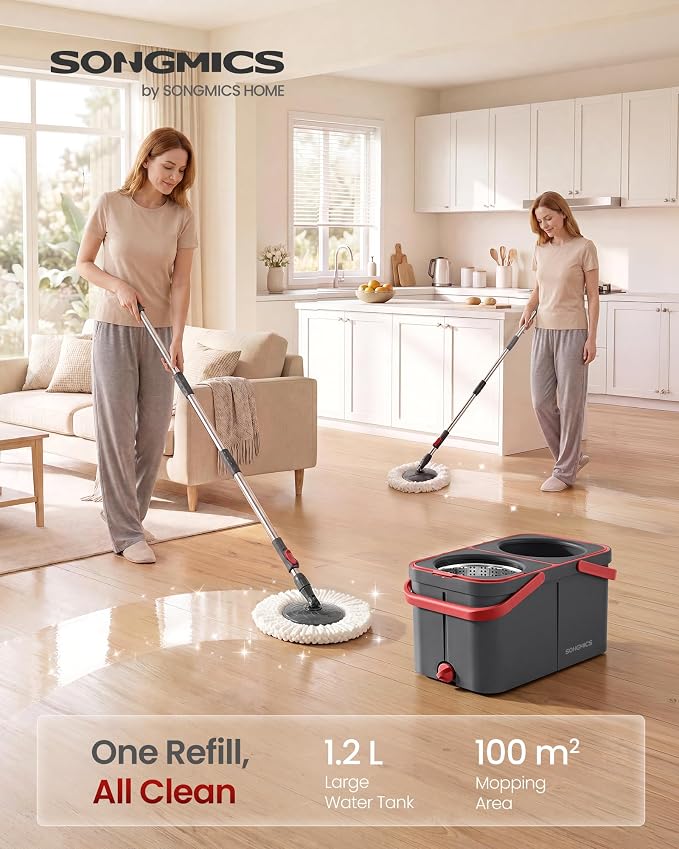 SONGMICS Spin Mop and Bucket Set, 2 Washable Microfiber Mop Heads - Image 2