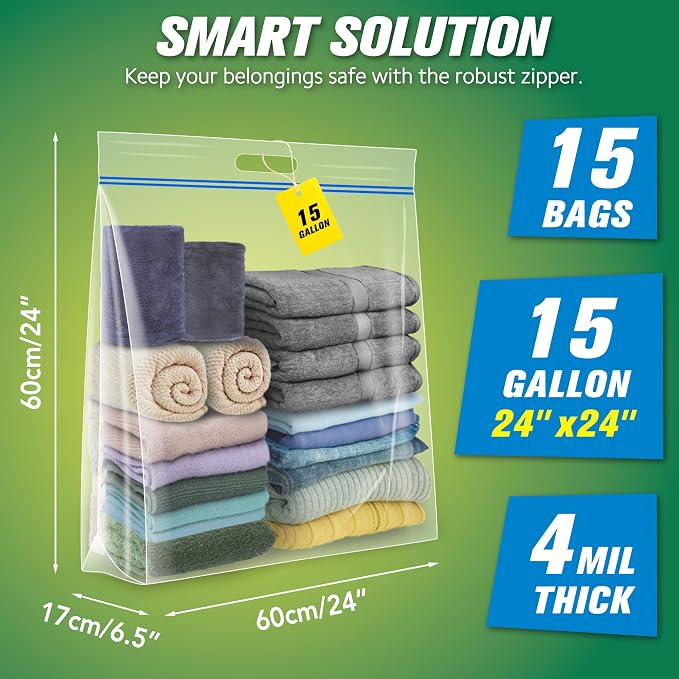 HIBAG 15 Gallon Large Storage Bags, 24” x 24” Resealable Clear Bags - Image 2