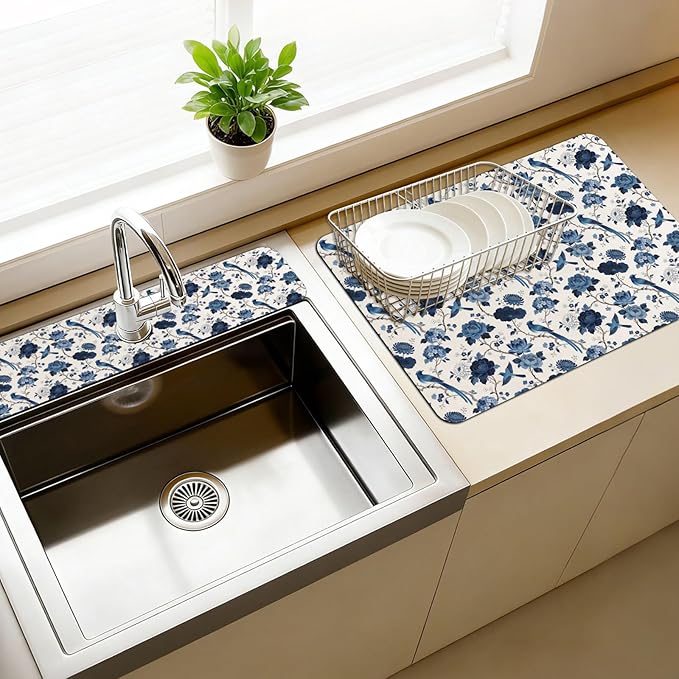 3 Pcs 2 Size Kitchen Sink Splash Guard Faucet Mat Blue Flowers and Birds by CONCHLERY%E6%97%97%E8%88%B0%E5%BA%97
