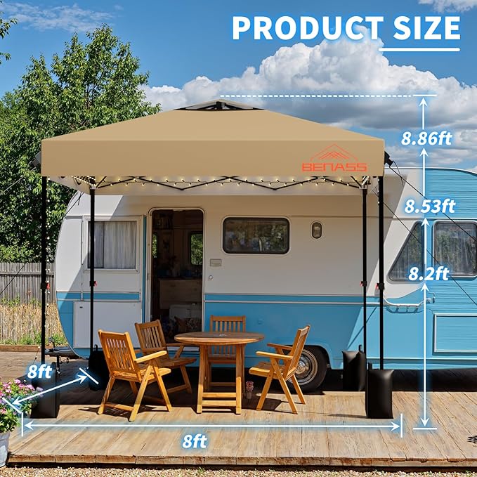 8x8 Pop Up Canopy, Easy Up Canopy Tent, Heavy Duty Tents for Parties, One Person Set Up Event Tent, Khaki