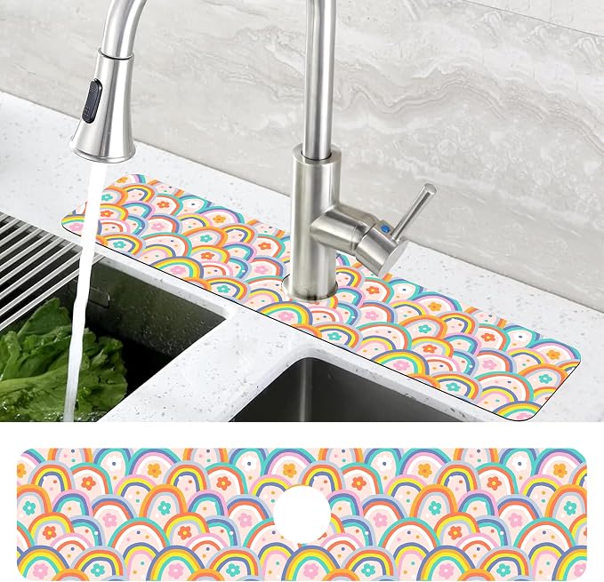 Boho Rainbow Hippie Floral Kitchen Sink Splash Guard Mat Absorbent Fast Drying - Image 4