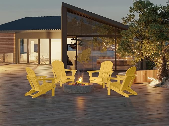 MUCHENGHY Folding Adirondack Chairs Set of 2, Patio Chairs, Lawn Chairs, Outdoor Chair, Adirondack Chair Plastic, Fire Pit, Weather Resistant with Cup Holder for Deck, Backyard, Garden(Olive Yellow)