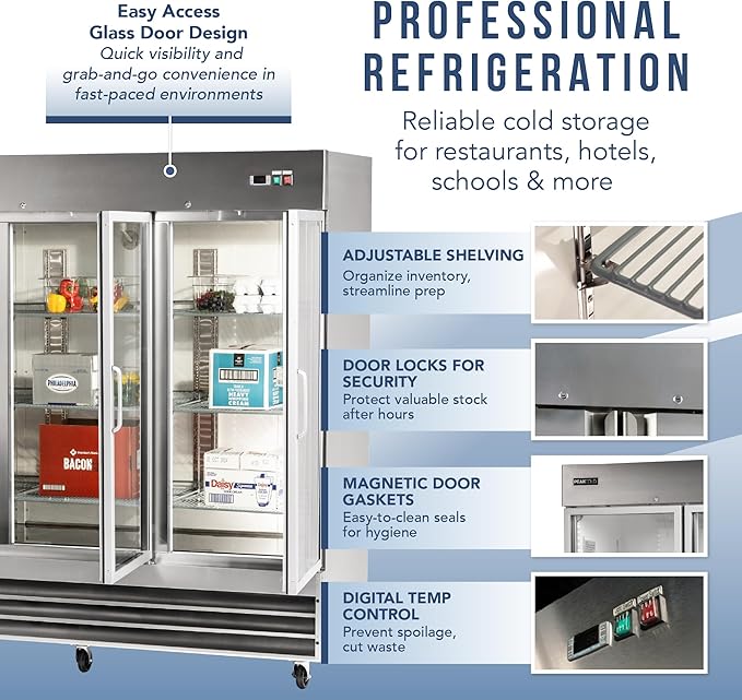 PEAKCOLD 3 Glass Door Commercial Refrigerator - 72 Cubic Ft, 81" Wide Stainless Steel Reach-In Commercial Refrigerator with White Internal Lighting - Freestanding Industrial Fridge