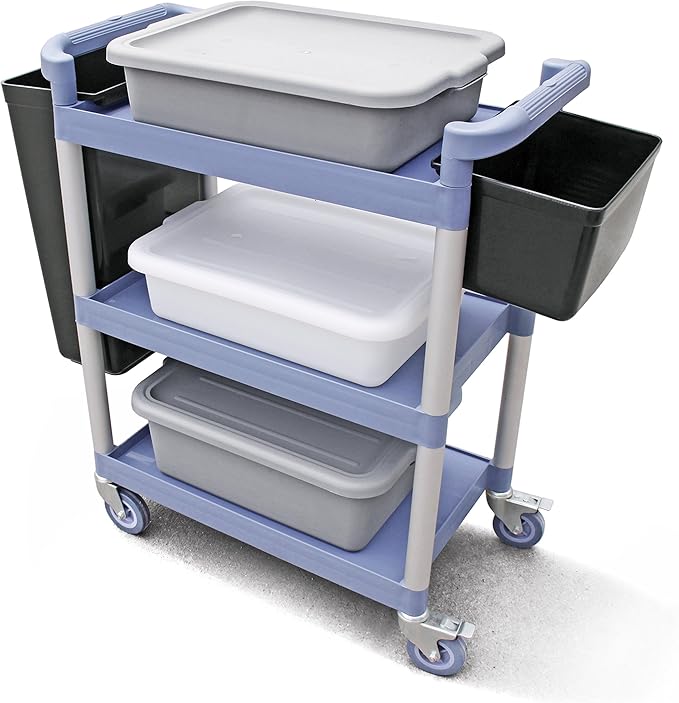 New Star Foodservice 54569 350-Pound Plastic 3-Tier Utility Bus Cart with Locking Casters, 42.5 "x 19.5" x 38.5", Gray
