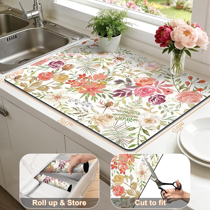 LOKHOM 18"x24" Dish Drying Mat，Pink Floral Coffee Mat | Pink Roses Petals Prints - Image 2