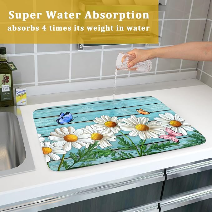 Daisy Dish Drying Mat for Kitchen Counter 18”x24” Rustic Daisy Absorbent Dish - Image 7