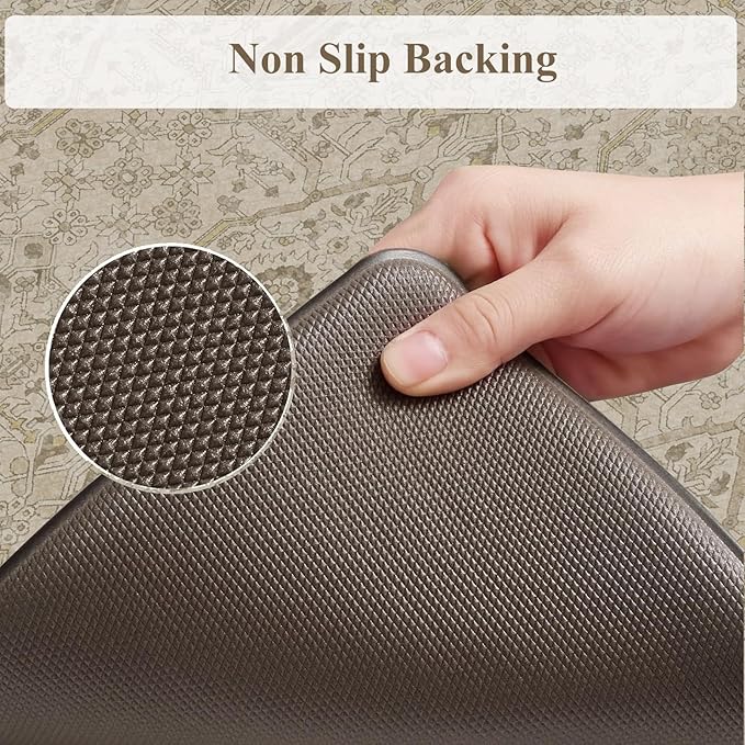 KIMODE Kitchen Mats for Floor Cushioned Anti Fatigue,Boho Farmhouse Kitchen Rugs Sets of 2,Cushioned Floor Mats Non Slip,Memory Foam Kitchen Mat for Laundry Sink Office Home,Khaki