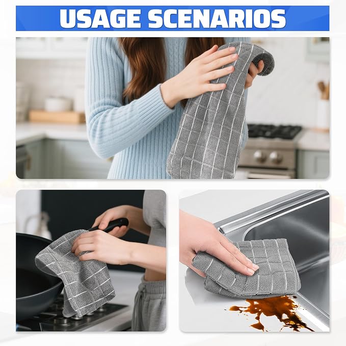 Kitchen Towels, 8 Pack Microfiber Cleaning Cloth, 270 GSM Checkered All-Purpose - Image 6
