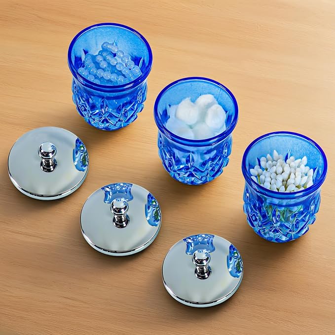 10Oz Blue Q-Tip Holder, Round Thick Glass & Metal Lid - Image 7