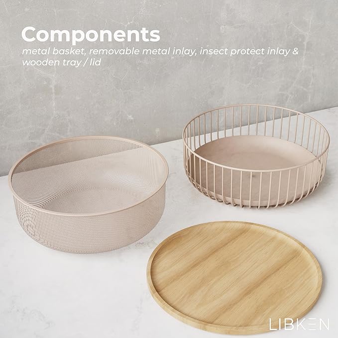 Metal Fruit Bowl Basket with Wooden Lid - Fruit and Vegetable Holder For Kitchen Counter - Countertop Display Baskets Organizer - Bowl Storage for Veggie, Fruits, Snack, and Banana - Peach