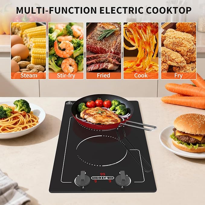 Double Induction Cooktop, 110V 2300W hot plate with LED Touch Screen, 9 Power Levels, Kids Lock & Timer, Overheat Protection, knob and touch control 2 burner Induction cooktop