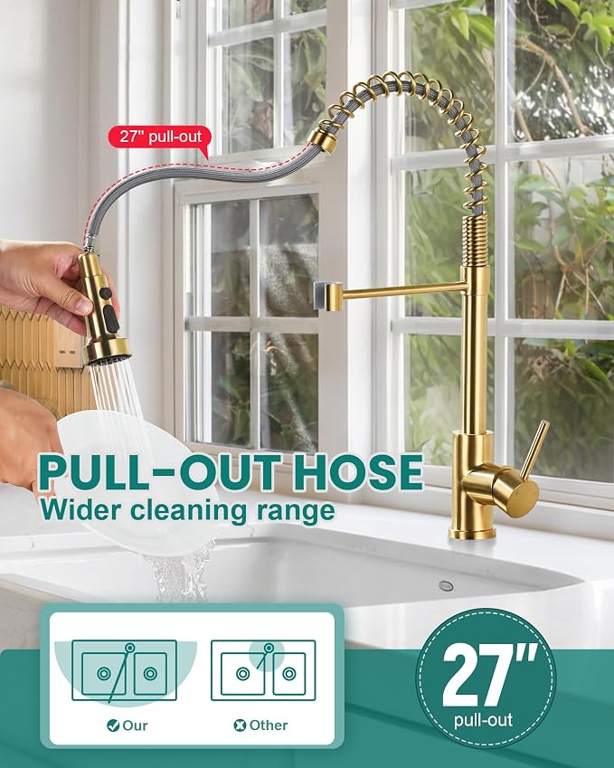 Kitchen Faucets with Pull Down Sprayer: Brushed Gold 3-Function Kitchen Sink - Image 5